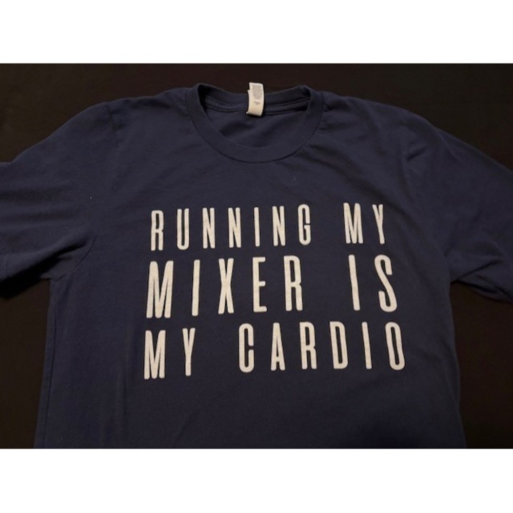 Bella Canvas Unisex size small "Running my mixer is my cardio" tee navy blue